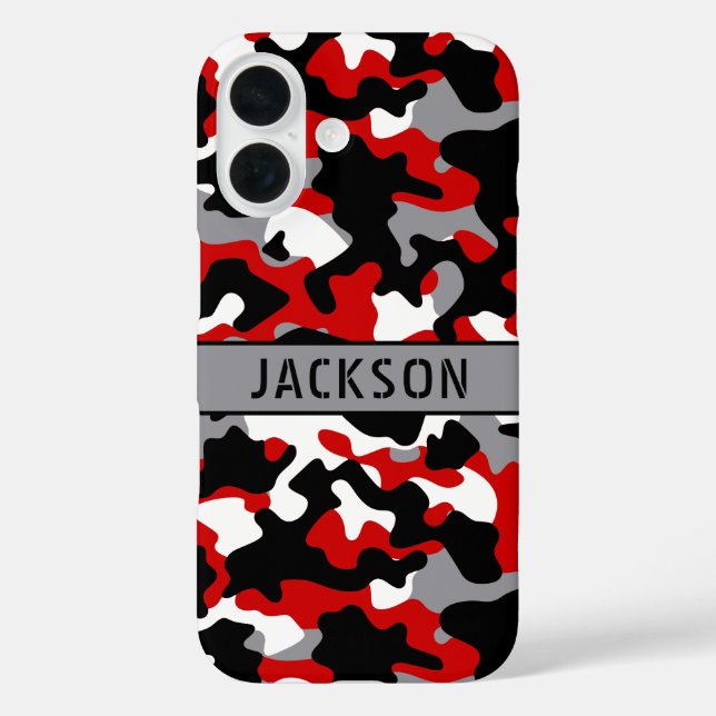 Funda iPhone 16 Red and Black Camouflage Personalized (Reverso )