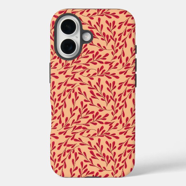 Funda iPhone 16  Red Leafy Branches Seamless Pattern (Reverso )