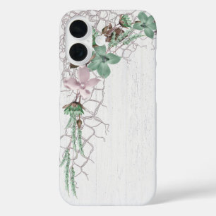 Funda iPhone 16 Red Náutica y Flores Sobre Madera Encalada