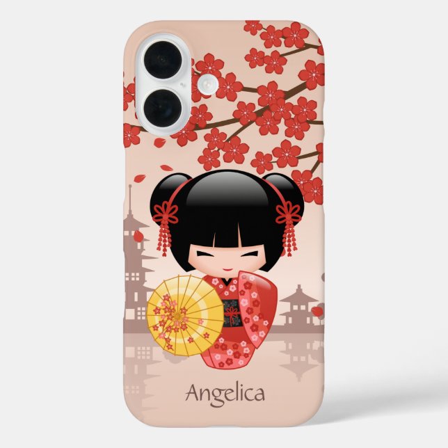 Funda iPhone 16 Red Sakura Kokeshi Doll - Japanese Geisha (Reverso )