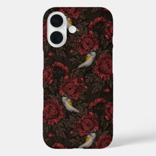 Funda iPhone 16 Redstart en crisantemos en marrón y rojo