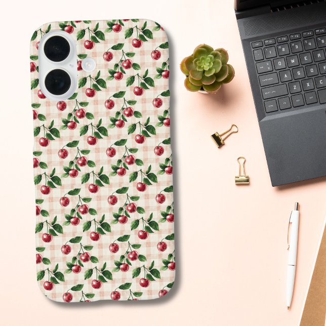 Funda iPhone 16 Regalo Estético Coquette de Cereza y Gingham Rosa  (Pink Gingham Cherries Coquette Aesthetic iPhone case. Available in iPhone 16 15 14 13 12 11)