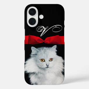 FUNDA iPhone 16 REINA DE GATOS BLANCOS CON MONOGRAMA DE RIBÓN ROJO