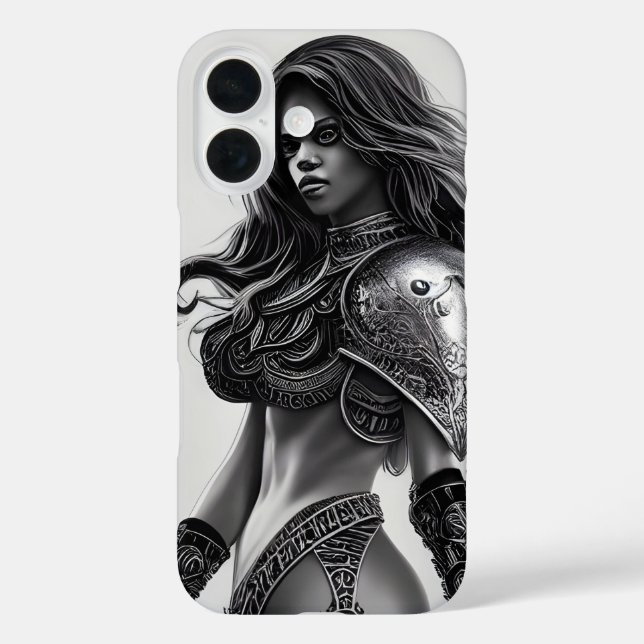 Funda iPhone 16 Reina guerrera africana blanca y negra (Reverso )