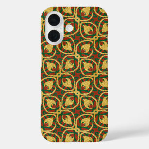 Funda iPhone 16 Relieve metalizado dorado Peacock Feathers Red Gre