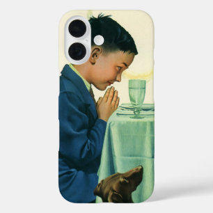 Funda iPhone 16 Religión Vintage, Niño Rezando la Gracia en Acción
