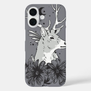 Funda iPhone 16 Reloj lunar: ciervo místico gris con luna y brillo