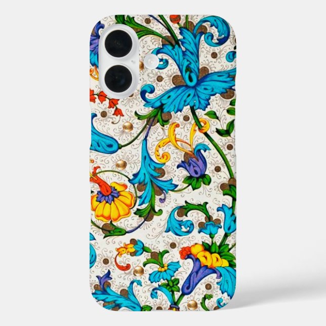 FUNDA iPhone 16 RENAIMIENTO FLORENTINO AZUL ESPIRALES FLORALES, FL (Reverso )