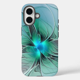 Funda iPhone 16 Resumen Con Arte Fractal Azul Y Moderno