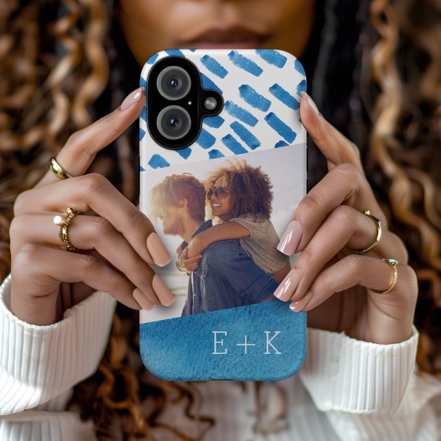 Funda iPhone 16 Resumen de la acuarela azul de Boho | Foto Monogra (Subido por el creador)