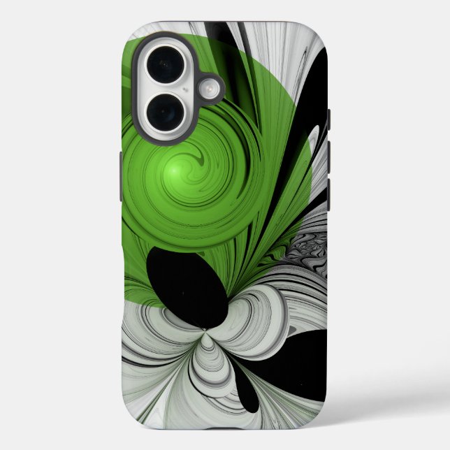 Funda iPhone 16 Resumen en blanco y negro con arte fractal verde (Reverso )