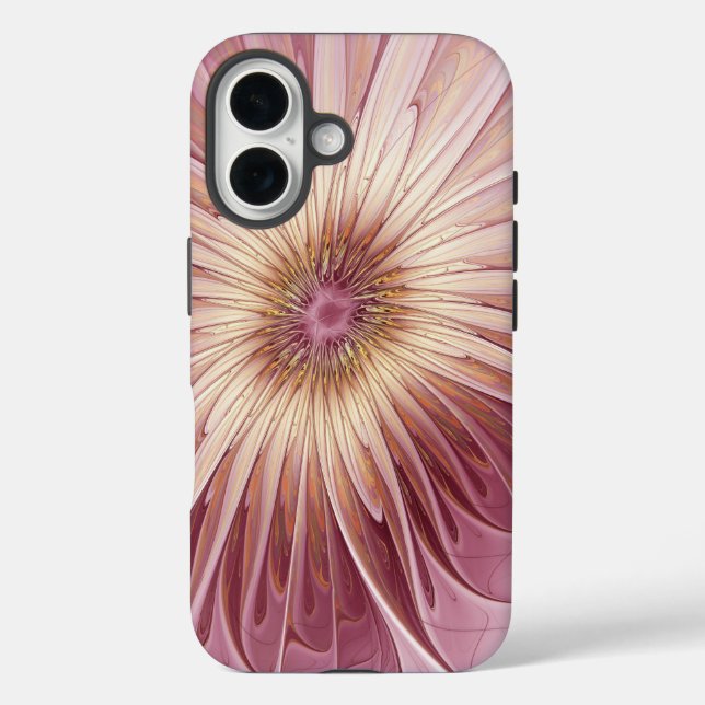 Funda iPhone 16 Resumen Flor Arte Fractal y tonos de Borgoña (Reverso )