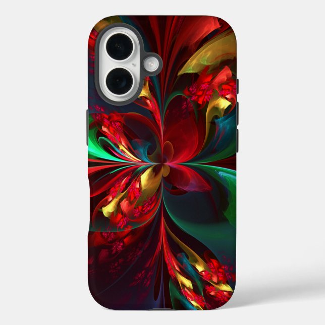 Funda iPhone 16 Resumen floral moderno Patrón verde rojo del arte  (Reverso )