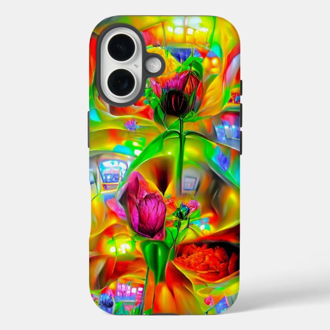 Funda iPhone 16 Resumen Flores psicodélicas (Reverso )