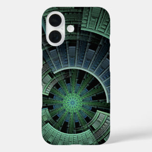 Funda iPhone 16 Resumen geométrico verde del pod cósmico