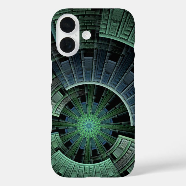 Funda iPhone 16 Resumen geométrico verde del Pod cósmico (Reverso )