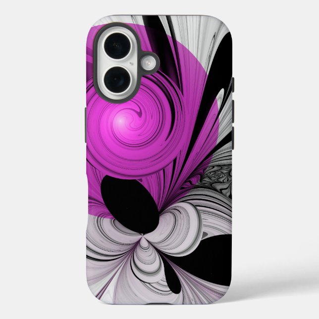 Funda iPhone 16 Resumen Gris Negro Con Arte Fractal Magenta (Reverso )