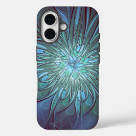 Funda iPhone 16 Resumen moderno Arte fractal de flor azul de moda