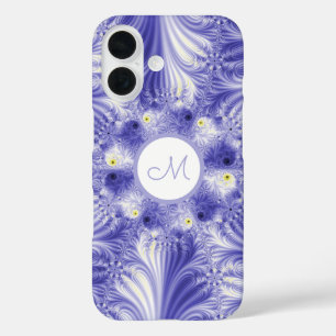Funda iPhone 16 Resumen Monograma Elegante Fractal Azul Silky