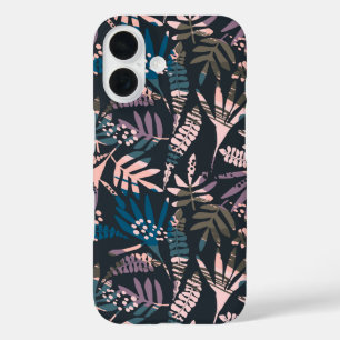 Funda iPhone 16 Resumen Patrón Boho Botánico Azul Rosa Negro