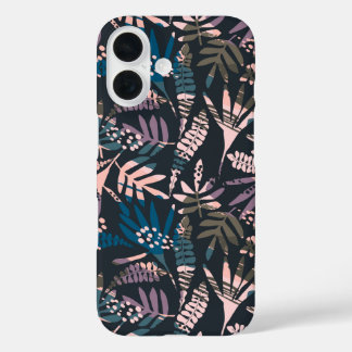 Funda iPhone 16 Resumen Patrón Boho Botánico Azul Rosa Negro