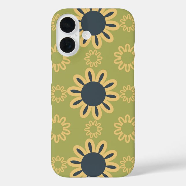 Funda iPhone 16 Resumen retro Modelo de flores negras y amarillas (Reverso )