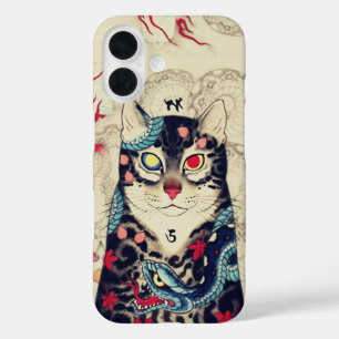 FUNDA iPhone 16 RETRATO CAT DE SAMURAI CON TATUAS SERPENT