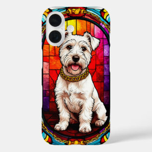 Funda iPhone 16 Retrato de perro blanco en obra de arte de vidrio 