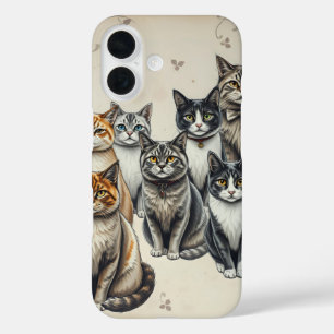 Funda iPhone 16 Retrato familiar de gato de inspiración vintage