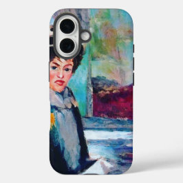 Funda iPhone 16 Retrato femenino vintage con fondo abstracto