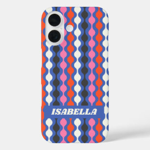 Funda iPhone 16 Retro Abstract Stripes Blue Pink Nombre personaliz