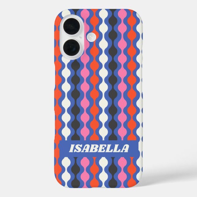 Funda iPhone 16 Retro Abstract Stripes Blue Pink Nombre personaliz (Reverso )