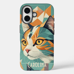 Funda iPhone 16 Retro Boho retro retrato de gato abstracto naranja