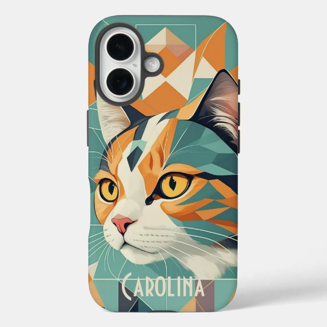 Funda iPhone 16 Retro Boho retro retrato de gato abstracto naranja (Reverso )