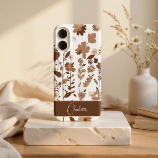 Funda iPhone 16 Retro Boho Terroso Floral Nombre Personalizado