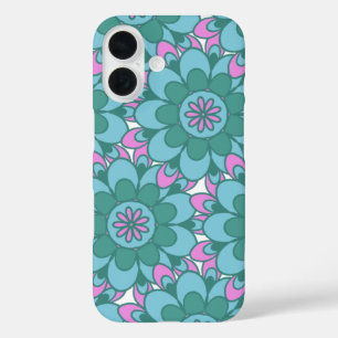 Funda iPhone 16 Retro Boho Verde azulado Mandala Patrón de flores