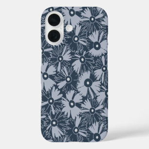 Funda iPhone 16 Retro Flor Silvestre Gran Escala Floral Azul Marin
