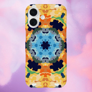 Funda iPhone 16 Retro Mandala amarillo azul y Naranja