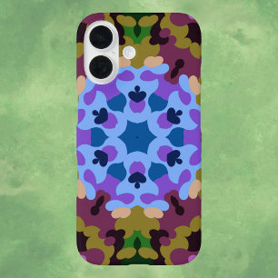 Funda iPhone 16 Retro Mandala azul morado y amarillo