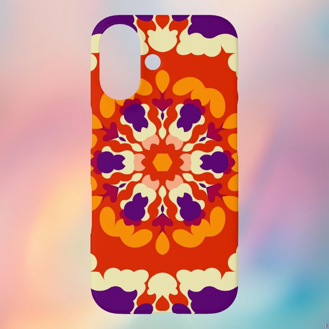 Funda iPhone 16 Retro Mandala Púrpura Rojo y Naranja (Retro Mandala Phone Case from Wormhole Orbital)