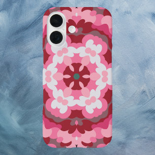 Funda iPhone 16 Retro Mandala rosa rojo y blanco