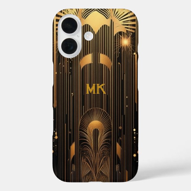 Funda iPhone 16 Retro Roaring 20's Art Deco Black Gold Monogram (Reverso )