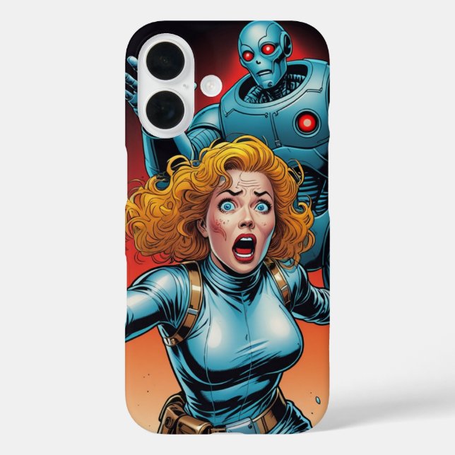 Funda iPhone 16 Retro Scifi Woman running from Robot (Reverso )
