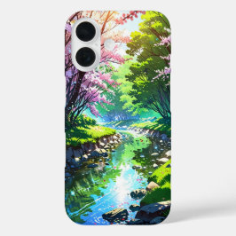 Funda iPhone 16 Río de primavera en bosque - Paisaje animado
