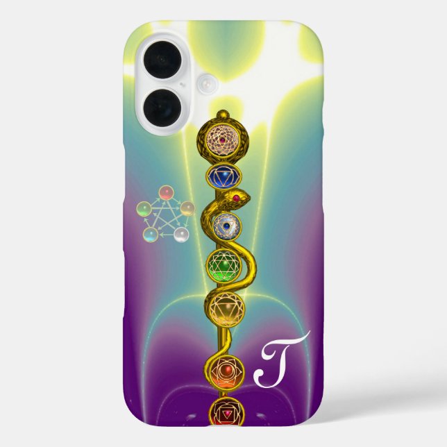 FUNDA iPhone 16 ROD DE ASCLEPIUS 7 CHAKRAS,YOGA ,ENERGÍA ESPIRITUA (Reverso )