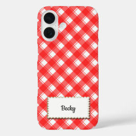 Funda iPhone 16 Rojo Blanco Personalizado Cuadro de Gingham Retro
