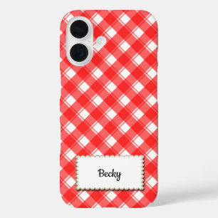 Funda iPhone 16 Rojo Blanco Personalizado Cuadro de Gingham Retro