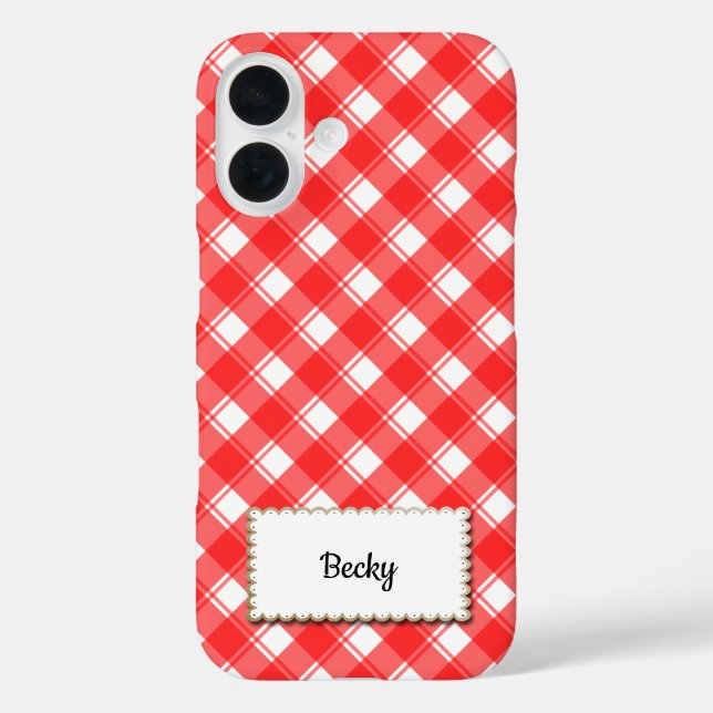 Funda iPhone 16 Rojo Blanco Personalizado Cuadro de Gingham Retro (Reverso )