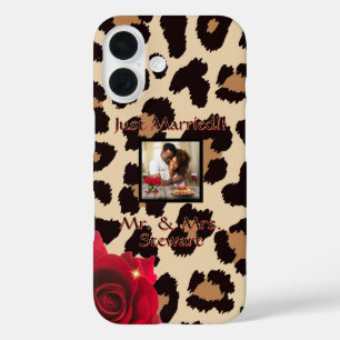 Funda iPhone 16 Rojo rosa rojo Leopard y foto de la señora Text
