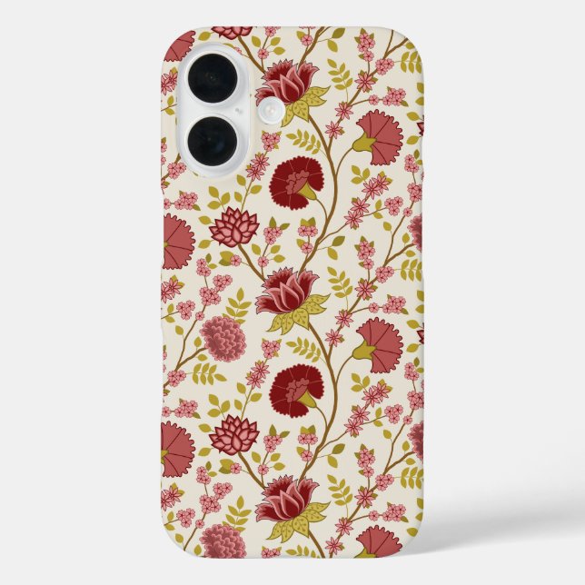 Funda iPhone 16 Rojos de patrón floral jacobino rosan crema de oro (Reverso )